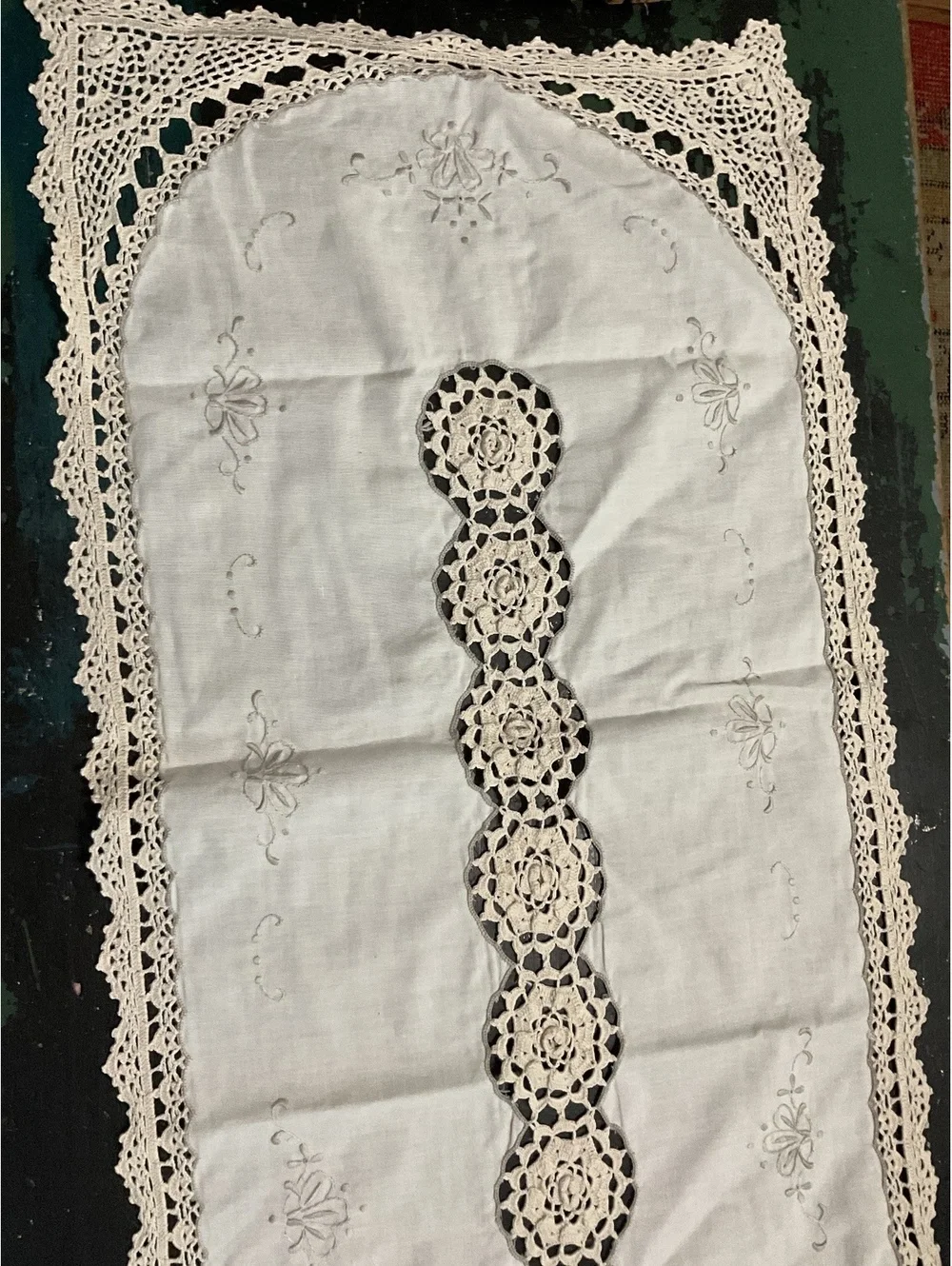 Handcrafted Embroidered Linen Table Runner with Crochet Lace 52” x 14 1/2”